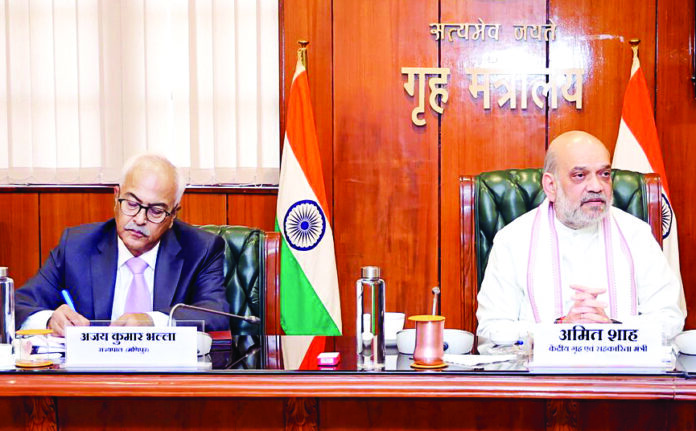 Union Home Minister Amit Shah chairs a meeting to review the security situation in Manipur, at the Ministry of Home Affairs in New Delhi on March 1. Manipur Governor Ajay Kumar Bhalla was also present. ANI Union Home Minister Amit Shah chairs a meeting to review the security situation in Manipur, at the Ministry of Home Affairs in New Delhi on March 1. Manipur Governor Ajay Kumar Bhalla was also present. ANI