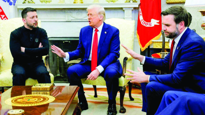 (L-R) Volodomyr Zelenskyy, Donald Trump and J.D. Vance at the Oval Office, the day the “brawl” took place.