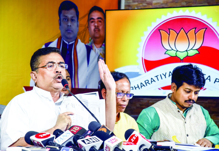 Leader of Opposition in West Bengal Assembly and BJP leader Suvendu Adhikari addresses a press conference, in Kolkata on Wednesday. ANI Leader of Opposition in West Bengal Assembly and BJP leader Suvendu Adhikari addresses a press conference, in Kolkata on Wednesday. ANI