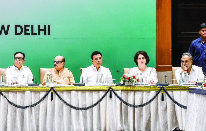 Priyanka Gandhi Vadra, Ajay Maken, Tariq Anwar, Randeep Singh Surjewala and Anand Sharma attend the CWC meeting