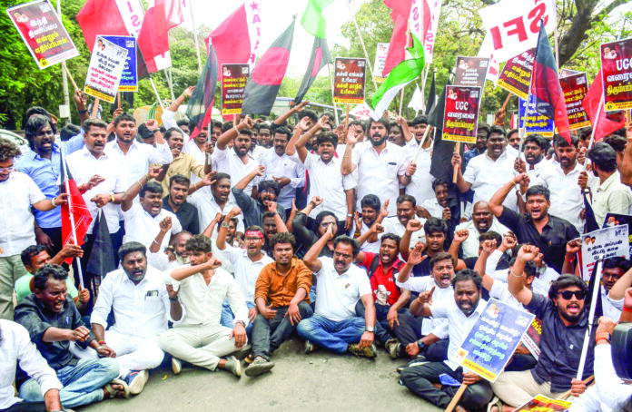 Tamil Nadu Federation supporters of Students Organisation stage a protest against the Centre on Hindi, in Chennai on Friday. ANI Tamil Nadu Federation supporters of Students Organisation stage a protest against the Centre on Hindi, in Chennai on Friday. ANI