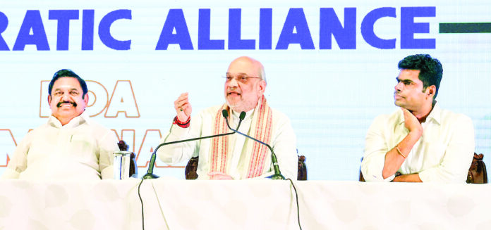 Union Home Minister Amit Shah addresses a press conference in the presence of AIADMK General Secretary Edappadi K. Palaniswami, in Chennai, on April 11. (ANI) Union Home Minister Amit Shah addresses a press conference in the presence of AIADMK General Secretary Edappadi K. Palaniswami, in Chennai, on April 11. (ANI)