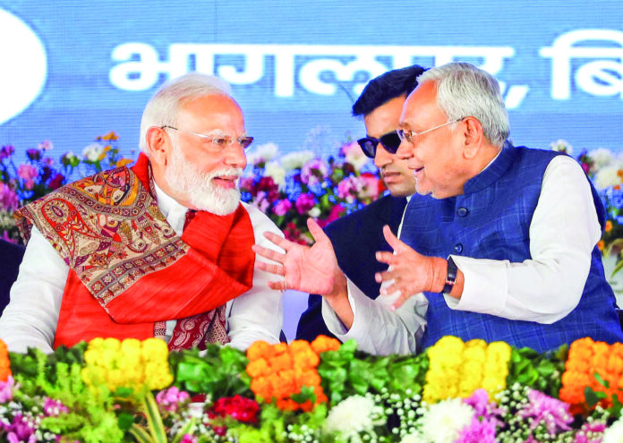 PM Modi in conversation with Bihar CM Nitish Kumar during the release of the 19th instalment of the PM Kisan Samman Nidhi Yojana, in Bhagalpur on 24 Feb. ANI PM Modi in conversation with Bihar CM Nitish Kumar during the release of the 19th instalment of the PM Kisan Samman Nidhi Yojana, in Bhagalpur on 24 Feb. ANI