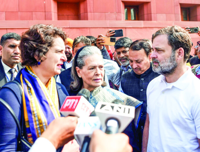 Priyanka Vadra, Sonia Gandhi and Rahul Gandhi at Parliament House. ANI
