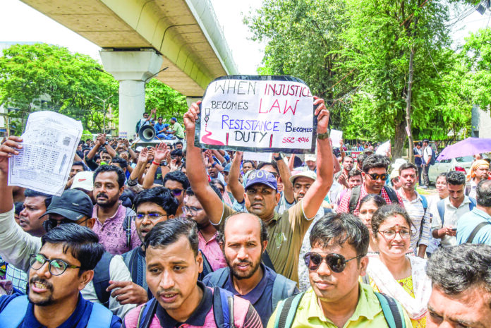 Teachers stage a protest against the Supreme Court upholding a Calcutta HC order to cancel appointments of over 25,000 staff in West Bengal schools by SSC, at Salt Lake in Kolkata, on April 12. ANI Teachers stage a protest against the Supreme Court upholding a Calcutta HC order to cancel appointments of over 25,000 staff in West Bengal schools by SSC, at Salt Lake in Kolkata, on April 12. ANI