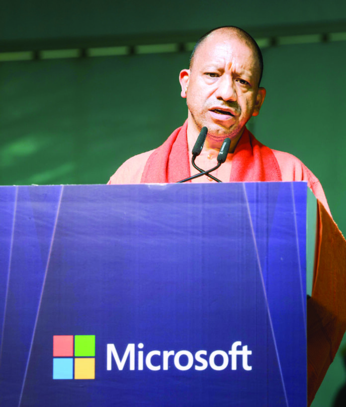 Uttar Pradesh Chief Minister Yogi Adityanath addresses the gathering during the foundation stone laying ceremony of Microsoft Noida Campus, in Gautam Budh Nagar, on March 8. (ANI) Uttar Pradesh Chief Minister Yogi Adityanath addresses the gathering during the foundation stone laying ceremony of Microsoft Noida Campus, in Gautam Budh Nagar, on March 8. (ANI)