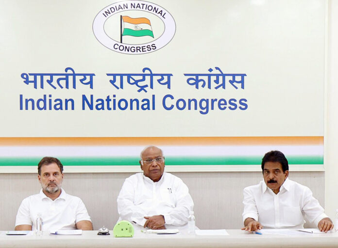 Rahul Gandhi, Mallikarjun Kharge and KC Venugopal during the Congress Working Committee (CWC) meeting