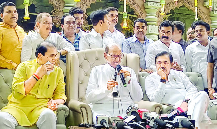 NCP (SP) chief Sharad Pawar addresses a press conference after offering prayers at Tulja Bhavani temple. Party leader and former Maharashtra Home Minister Anil Deshmukh and others also present, in Thane, on April 30. (ANI) NCP (SP) chief Sharad Pawar addresses a press conference after offering prayers at Tulja Bhavani temple. Party leader and former Maharashtra Home Minister Anil Deshmukh and others also present, in Thane, on April 30. (ANI)