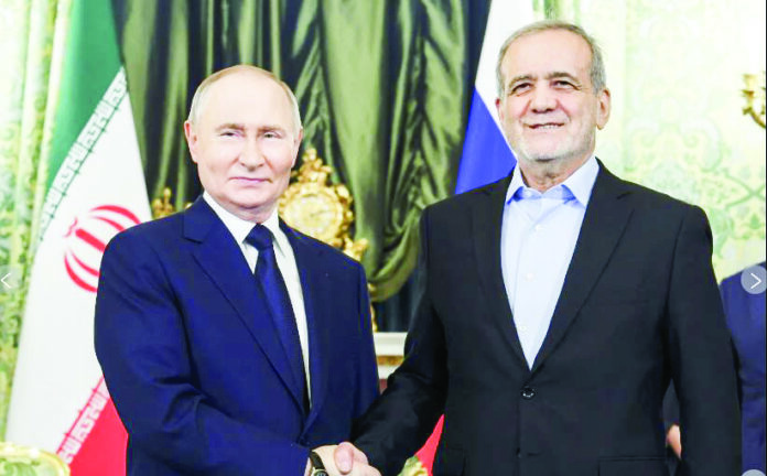 Russian President Vladimir Putin (Left) and Iranian President Masoud Pezeshkian during their meeting at the Kremlin in Moscow, Russia, on 17 January 2025. Agencies Russian President Vladimir Putin (Left) and Iranian President Masoud Pezeshkian during their meeting at the Kremlin in Moscow, Russia, on 17 January 2025. Agencies