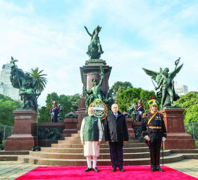PM Modi lays a wreath at the San Martin Memorial in Buenos Aires, Argentina